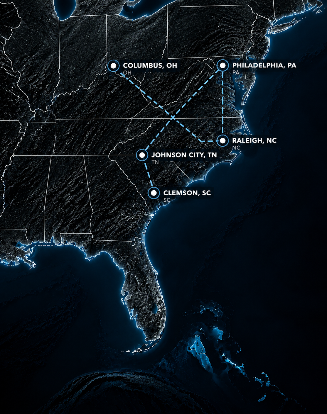 Map tracing Mike Bruno's career journey through Philadelphia, Columbus, Raleigh, Pennsylvania, Johnson City, and Clemson